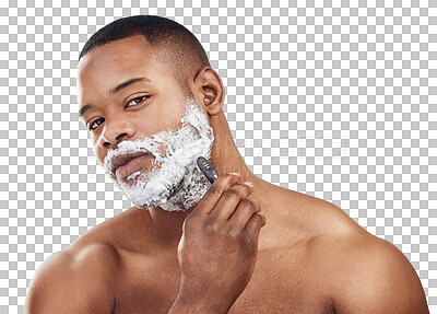 Buy stock photo Black man, portrait or shaving beard for wellness or beauty isolated on transparent png background. Face grooming, razor shaver or person with cream for self love or hair care with skincare cosmetics
