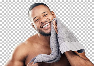 Buy stock photo Portrait, beauty or happy black man with towel for skincare isolated on transparent png background. Healthy face, clean facial smile or African person smiling or cleaning with self love or wellness 