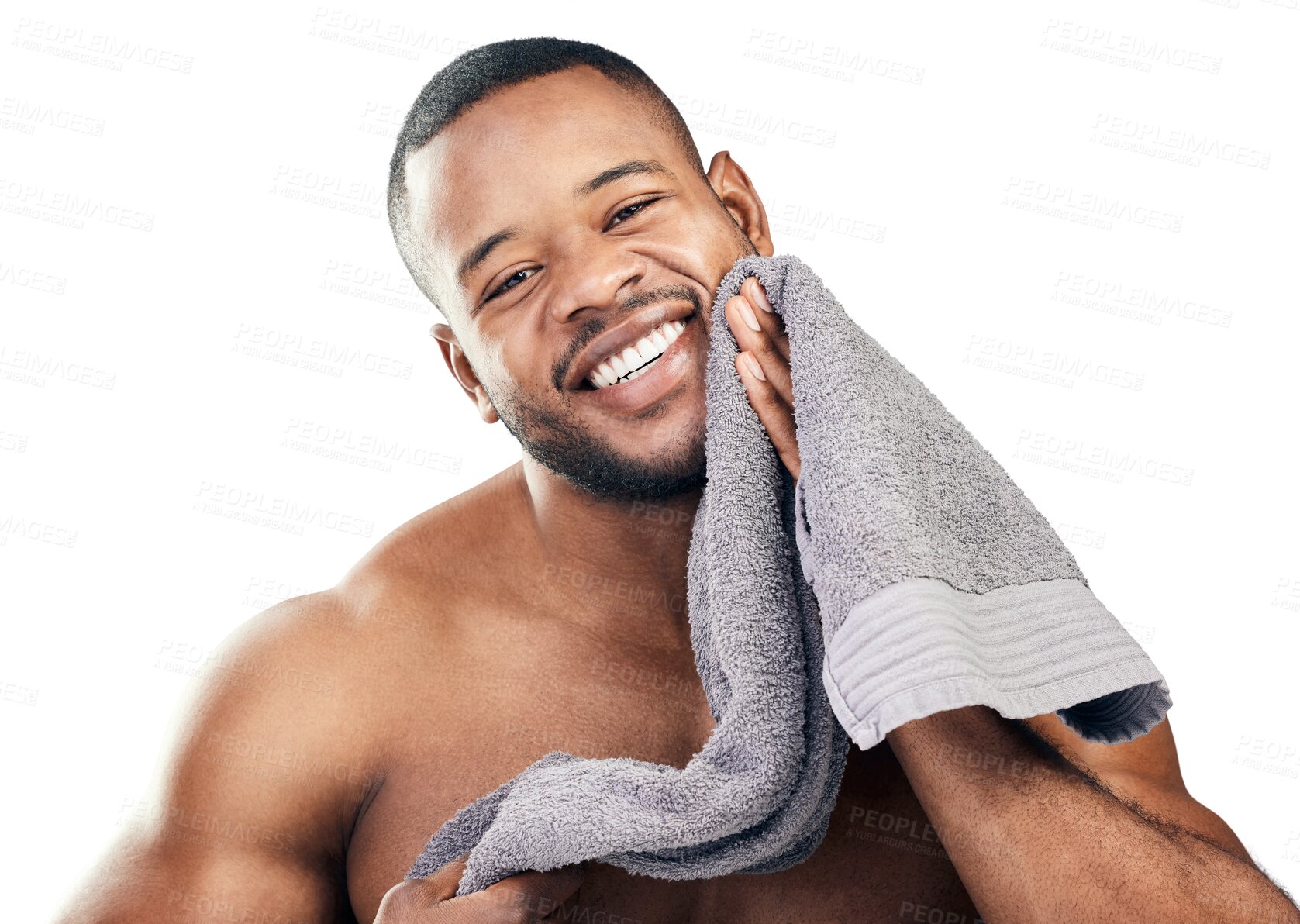 Buy stock photo Portrait, beauty or happy black man with towel for skincare isolated on transparent png background. Healthy face, clean facial smile or African person smiling or cleaning with self love or wellness 