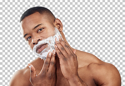Buy stock photo Portrait, black man and shaving cream on face for skincare, grooming or morning routine on transparent, isolated or png background, Shave, beard and male model with product for facial treatment