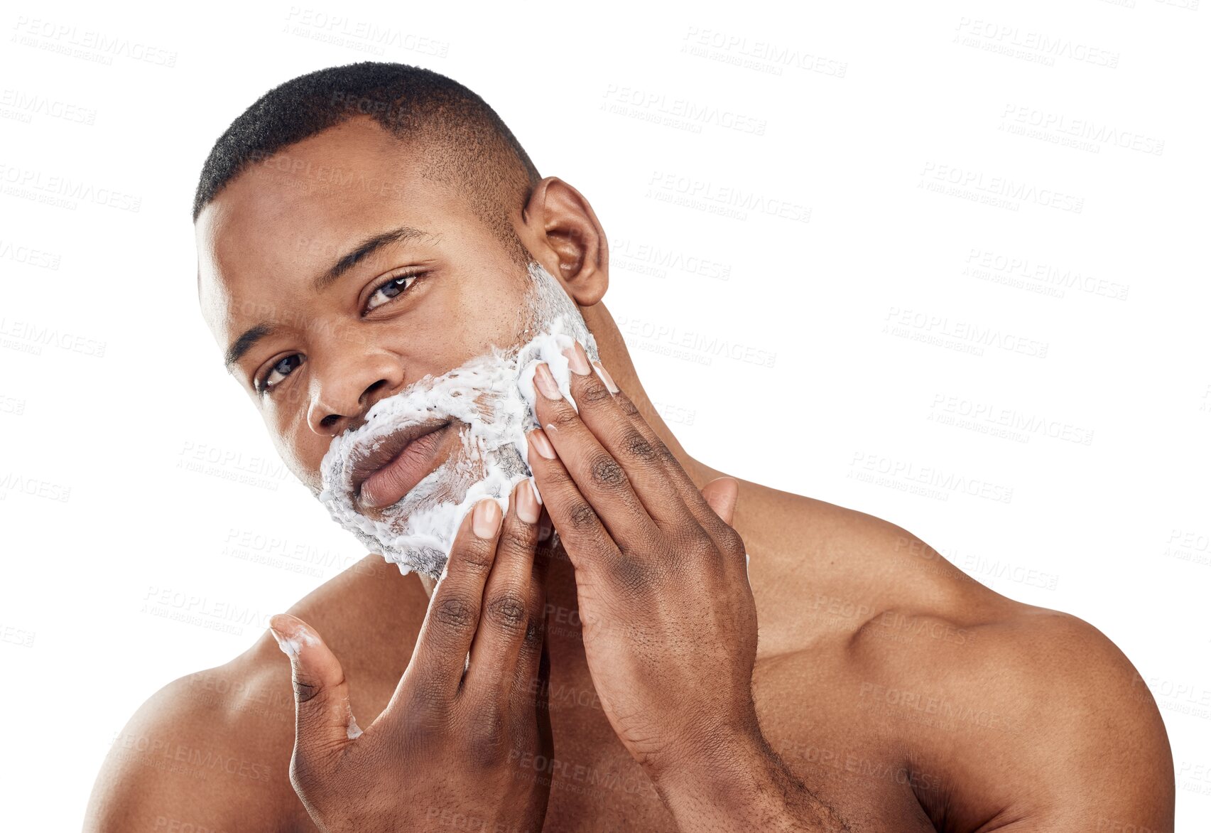 Buy stock photo Portrait, black man and shaving cream on face for skincare, grooming or morning routine on transparent, isolated or png background, Shave, beard and male model with product for facial treatment