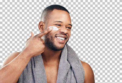 Buy stock photo Happy, towel or black man with face cream of skincare isolated on transparent png background. Cosmetics product, lotion or african person smile for cleaning with self love, facial beauty or wellness