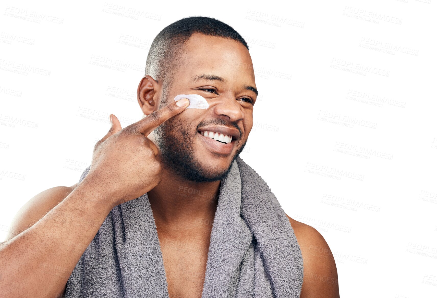 Buy stock photo Happy, towel or black man with face cream of skincare isolated on transparent png background. Cosmetics product, lotion or african person smile for cleaning with self love, facial beauty or wellness