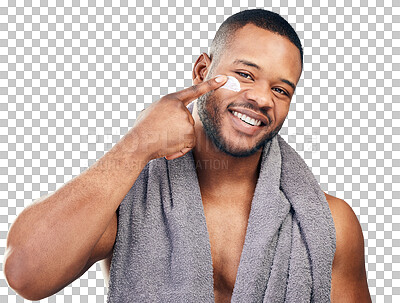 Buy stock photo Portrait, smile or black man with face cream for skincare isolated on transparent png background. Cosmetics product, happy person or moisturizing for dermatology, facial beauty and clean wellness