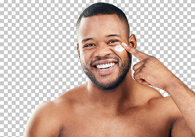 Buy stock photo Happy black man, portrait and face cream for skincare isolated on transparent png background. Cosmetics product, smile or male person moisturizing with lotion for self love, facial beauty or cleaning