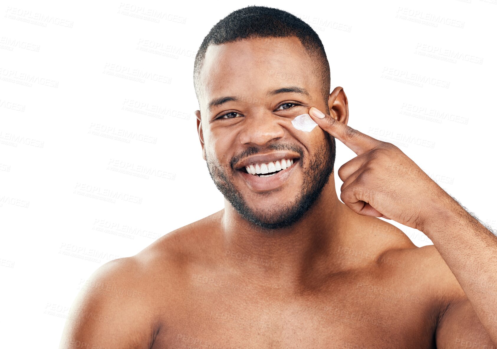 Buy stock photo Happy black man, portrait and face cream for skincare isolated on transparent png background. Cosmetics product, smile or male person moisturizing with lotion for self love, facial beauty or cleaning