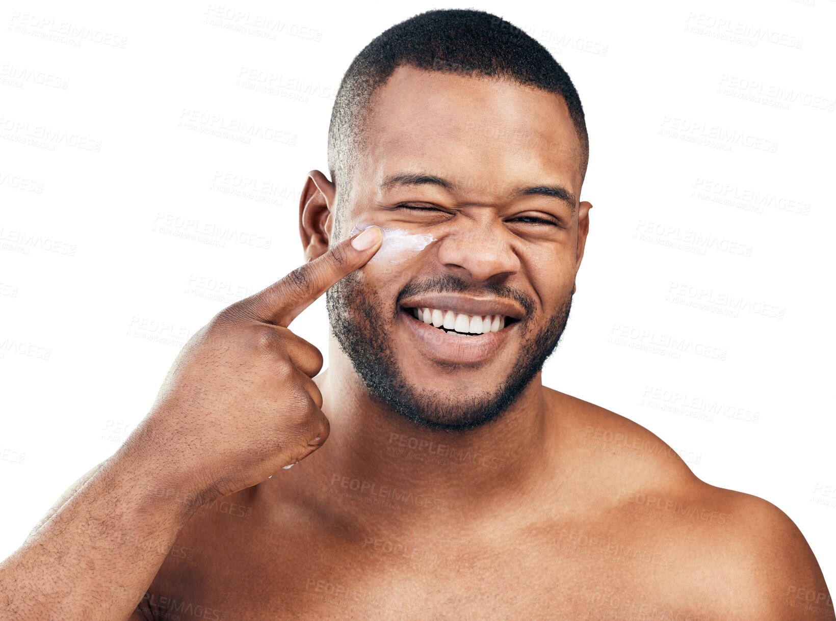Buy stock photo Portrait, funny or black man with face cream of skincare isolated on transparent png background. Cosmetics product, happy male person and moisturizing lotion for self love, facial beauty or sunscreen