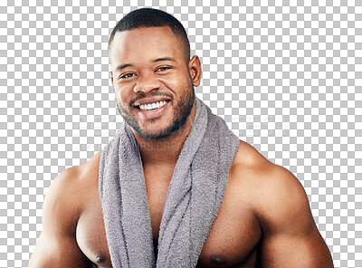 Buy stock photo Portrait, dermatology or happy black man with towel of skincare isolated on transparent png background. Healthy face, natural smile or african person cleaning for self love, beauty or strong wellness