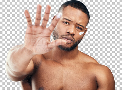 Buy stock photo Skincare, cream and portrait of black man with hand on isolated, png and transparent background. Dermatology, wellness and fingers of serious person with moisturizer for cosmetics, lotion and beauty