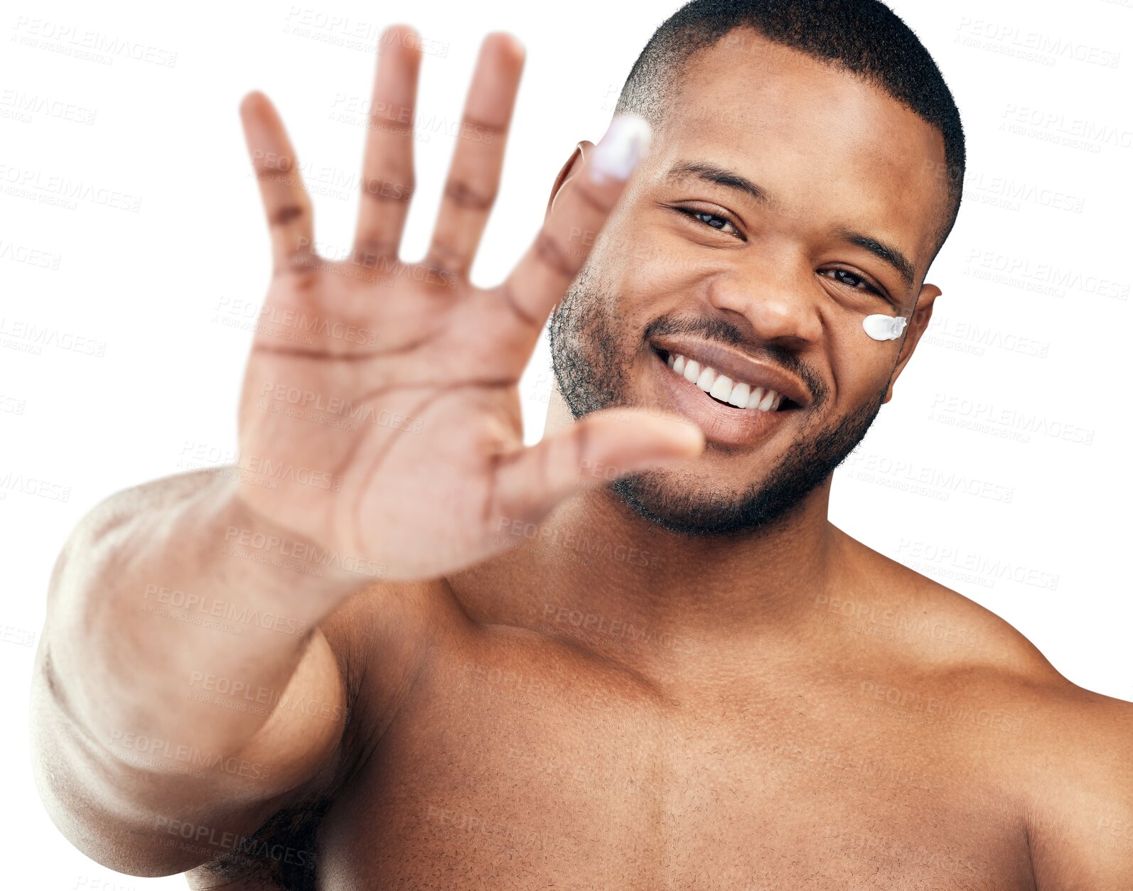Buy stock photo Skincare, cream and portrait of black man with hand on isolated, png and transparent background. Dermatology, wellness and male person with moisturizer for cosmetics, lotion and creme application