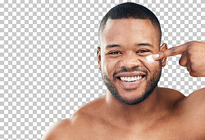 Buy stock photo Black man, smile and cream on face in portrait, beauty and grooming isolated on transparent png background. Cosmetic care, happy male model and apply lotion to skin with skincare and dermatology