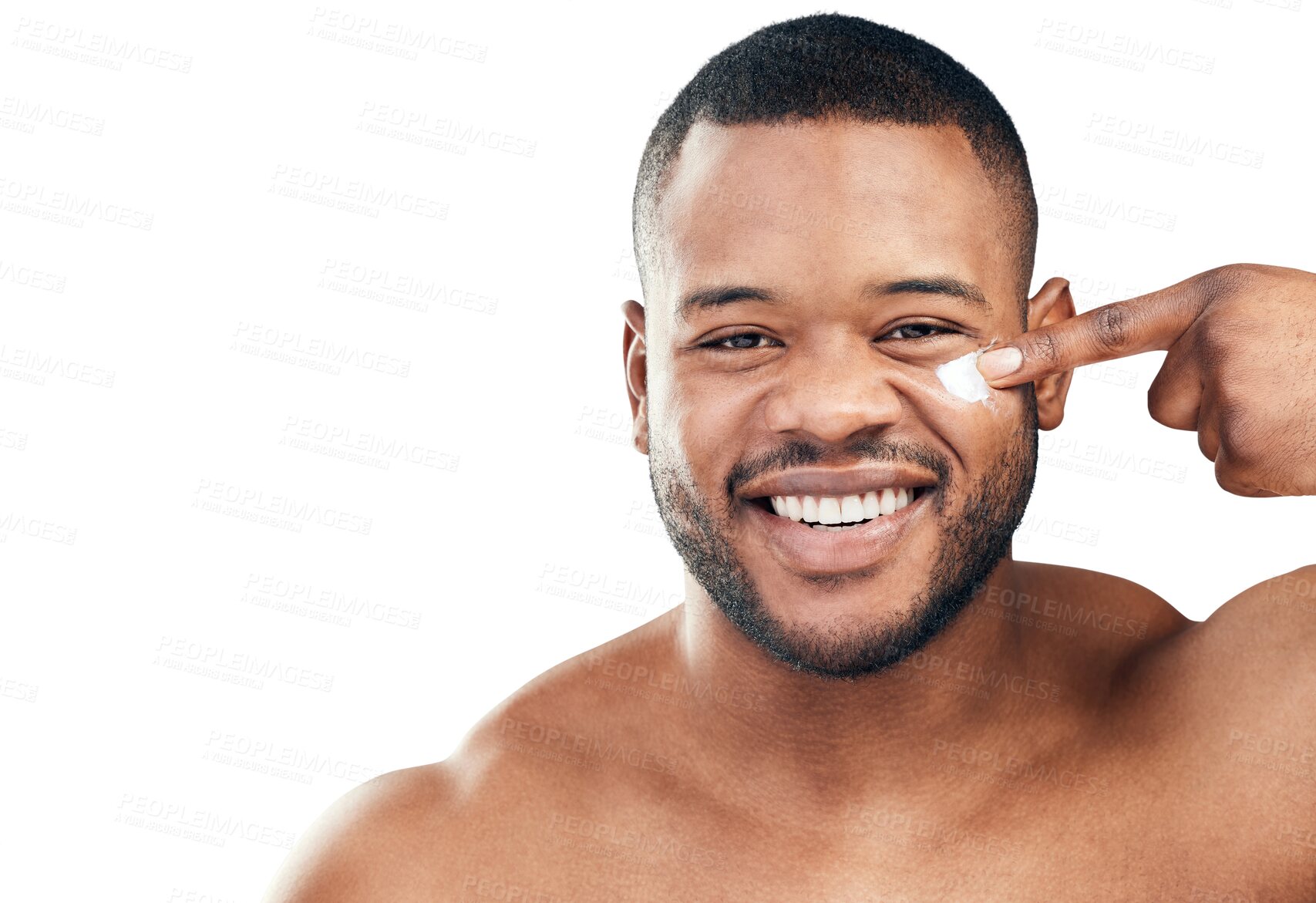 Buy stock photo Black man, smile and cream on face in portrait, beauty and grooming isolated on transparent png background. Cosmetic care, happy male model and apply lotion to skin with skincare and dermatology