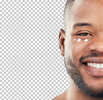 Buy stock photo Skincare, cream and portrait closeup of black man on isolated, png and transparent background. Dermatology, smile or male person with moisturizer for cosmetics, lotion and beauty of half face or eyes