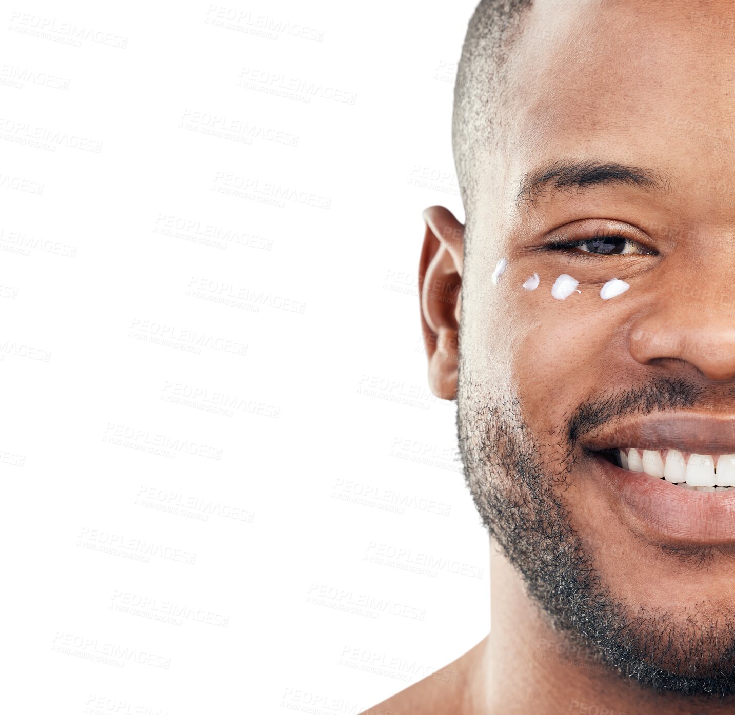 Buy stock photo Skincare, cream and portrait closeup of black man on isolated, png and transparent background. Dermatology, smile or male person with moisturizer for cosmetics, lotion and beauty of half face or eyes