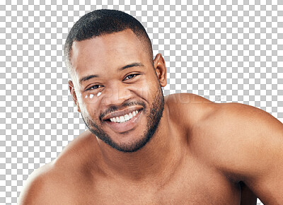 Buy stock photo Eye cream, skincare and portrait of black man on transparent background for cosmetics, facial and beauty. Happy, spa and product with face of person isolated on png for lotion, wellness and self care