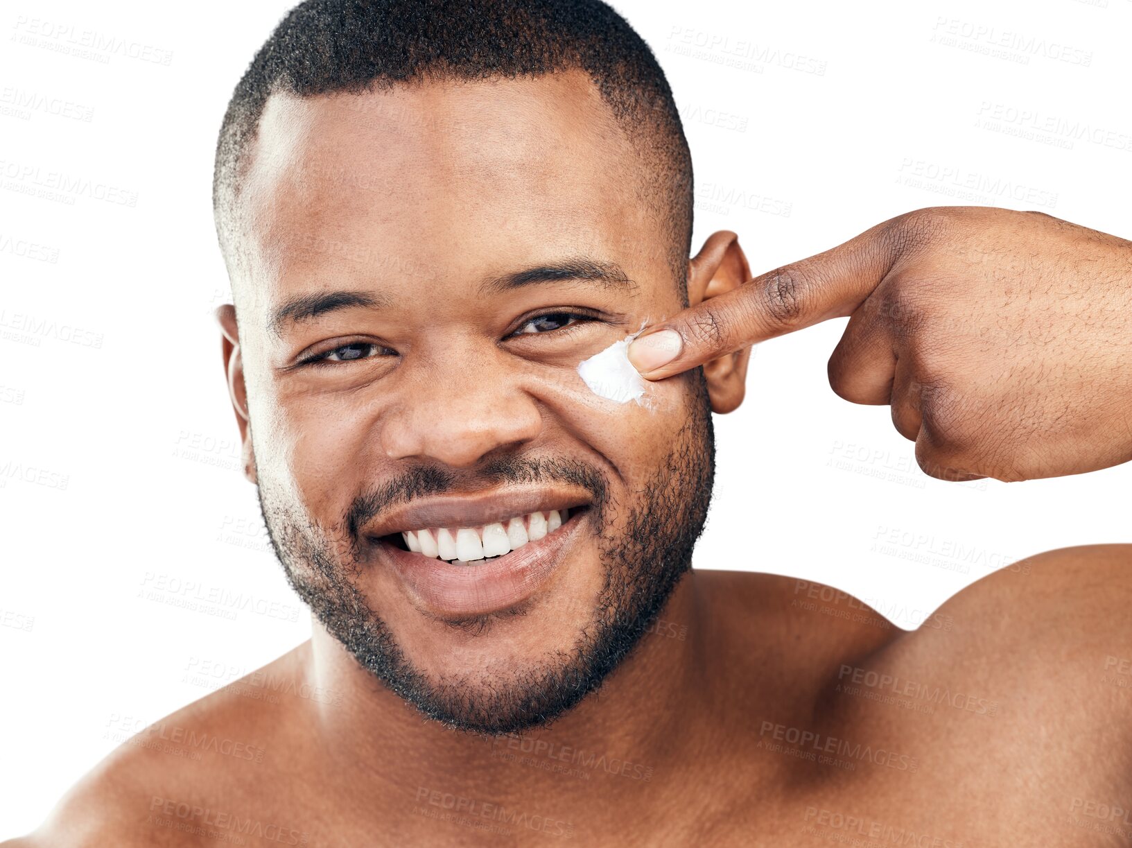Buy stock photo Portrait, smile or black man with face cream for beauty isolated on transparent png background. Cosmetics product, happy or person smiling or moisturizing for self love, facial skincare or wellness