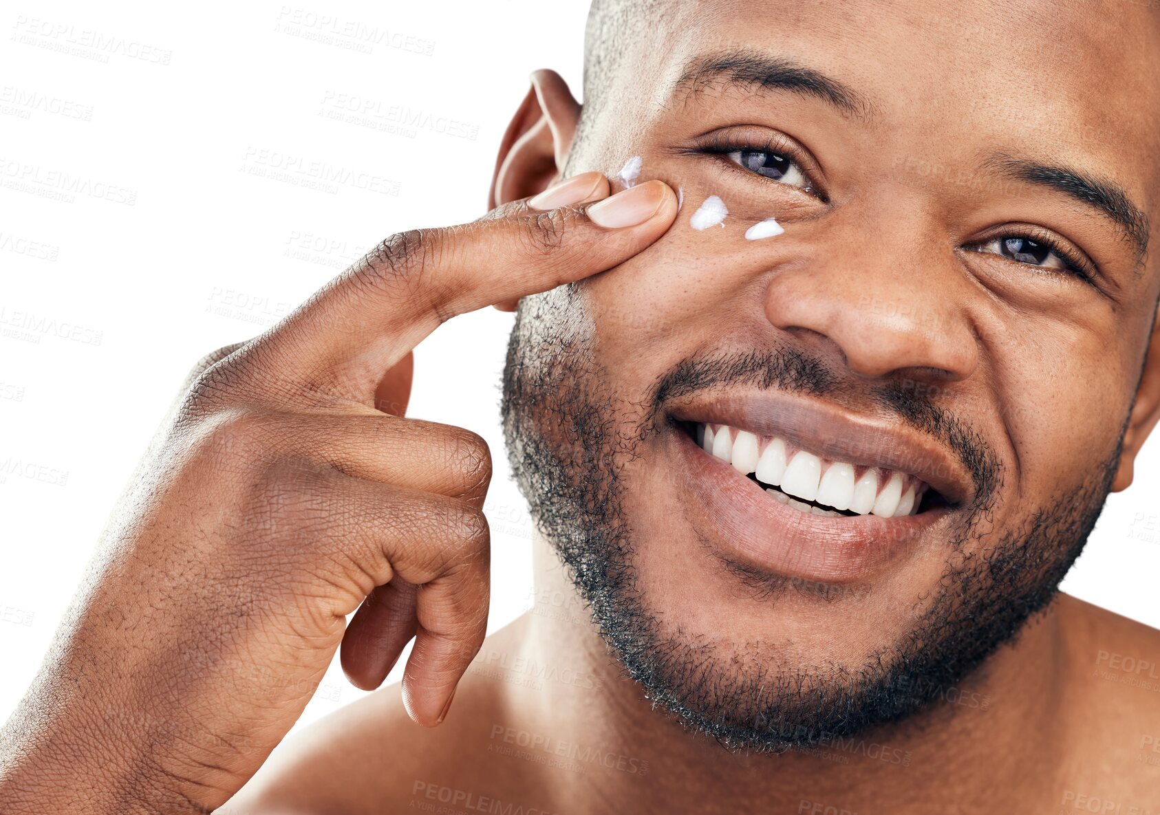 Buy stock photo Skincare, cream and portrait of black man with smile on isolated, png and transparent background. Dermatology, wellness and male person with moisturizer for cosmetics, apply lotion and face creme