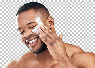 Buy stock photo Skincare, cream and face of happy black man on isolated, png and transparent background. Dermatology, wellness and male person with facial moisturizer for cosmetics, lotion and creme application