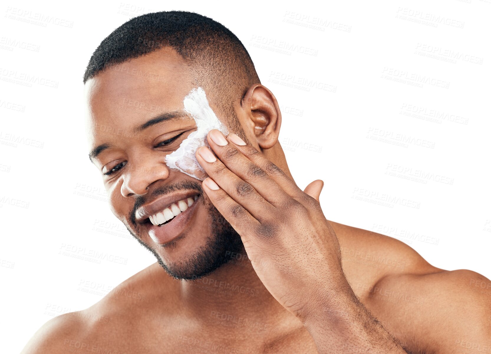 Buy stock photo Skincare, cream and face of happy black man on isolated, png and transparent background. Dermatology, wellness and male person with facial moisturizer for cosmetics, lotion and creme application