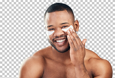 Buy stock photo Portrait, smile and black man with skincare, eye patches and dermatology isolated against a transparent background. Face, male person and happy model with png spa treatment, self care and cosmetics