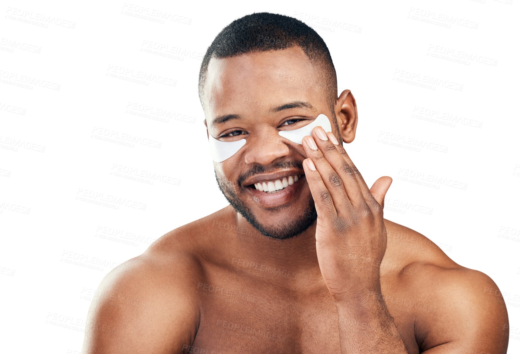 Buy stock photo Portrait, smile and black man with skincare, eye patches and dermatology isolated against a transparent background. Face, male person and happy model with png spa treatment, self care and cosmetics