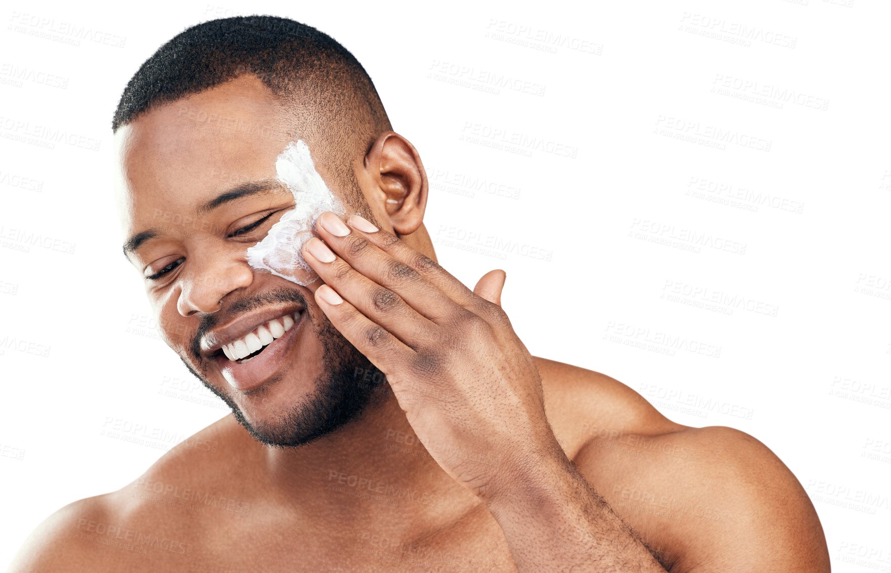 Buy stock photo Skincare, facial cream and happy black man on isolated, png and transparent background for wellness. Dermatology, beauty and male person apply moisturizer for cosmetics, face lotion and creme product