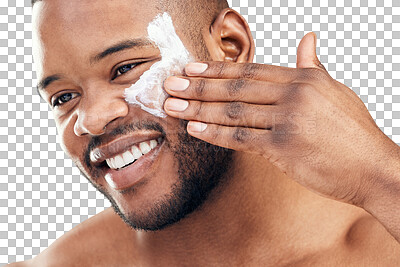 Buy stock photo Skincare, face of a black man with cream and smile isolated against a transparent png background. Cosmetology or beauty cosmetics, happy and African male person with lotion for health wellness