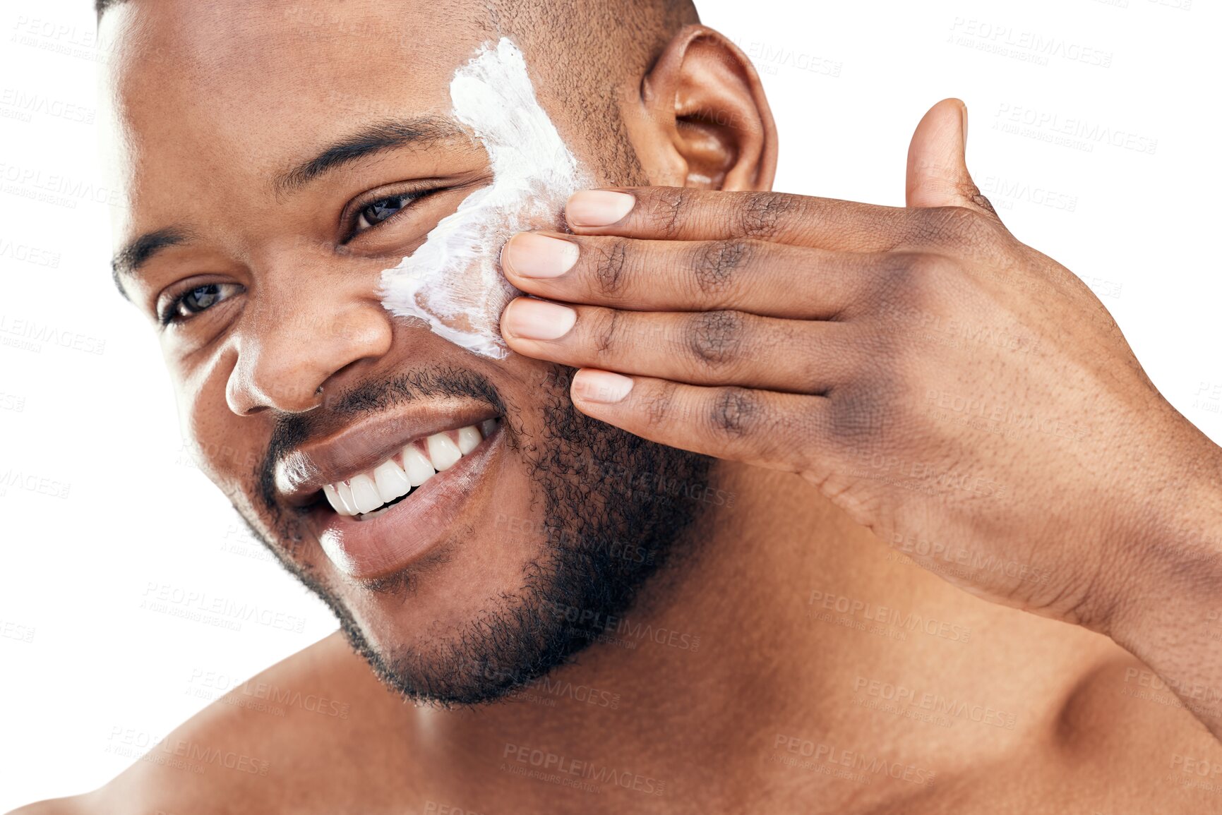 Buy stock photo Skincare, face of a black man with cream and smile isolated against a transparent png background. Cosmetology or beauty cosmetics, happy and African male person with lotion for health wellness