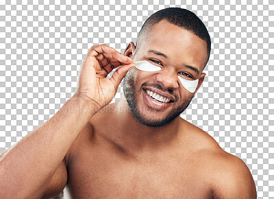 Buy stock photo Portrait, beauty and black man with skincare, eye patches and self care isolated against a transparent background. Face, male person and happy model with png, luxury treatment and wellness cosmetics