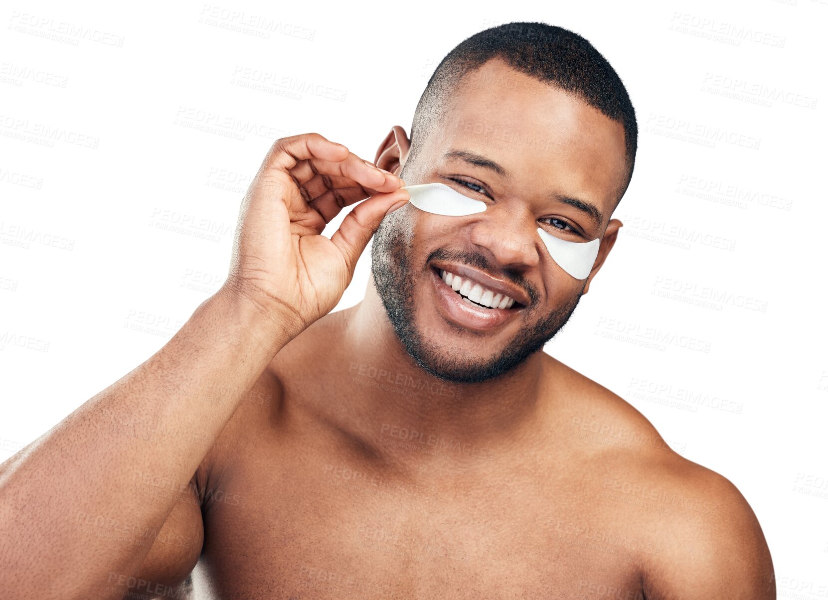 Buy stock photo Portrait, beauty and black man with skincare, eye patches and self care isolated against a transparent background. Face, male person and happy model with png, luxury treatment and wellness cosmetics