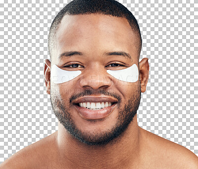 Buy stock photo Portrait, cosmetics and black man with skincare, eye beauty and dermatology isolated on transparent png background. Face, male person and patches for eyes, spa treatment and self care for aesthetic