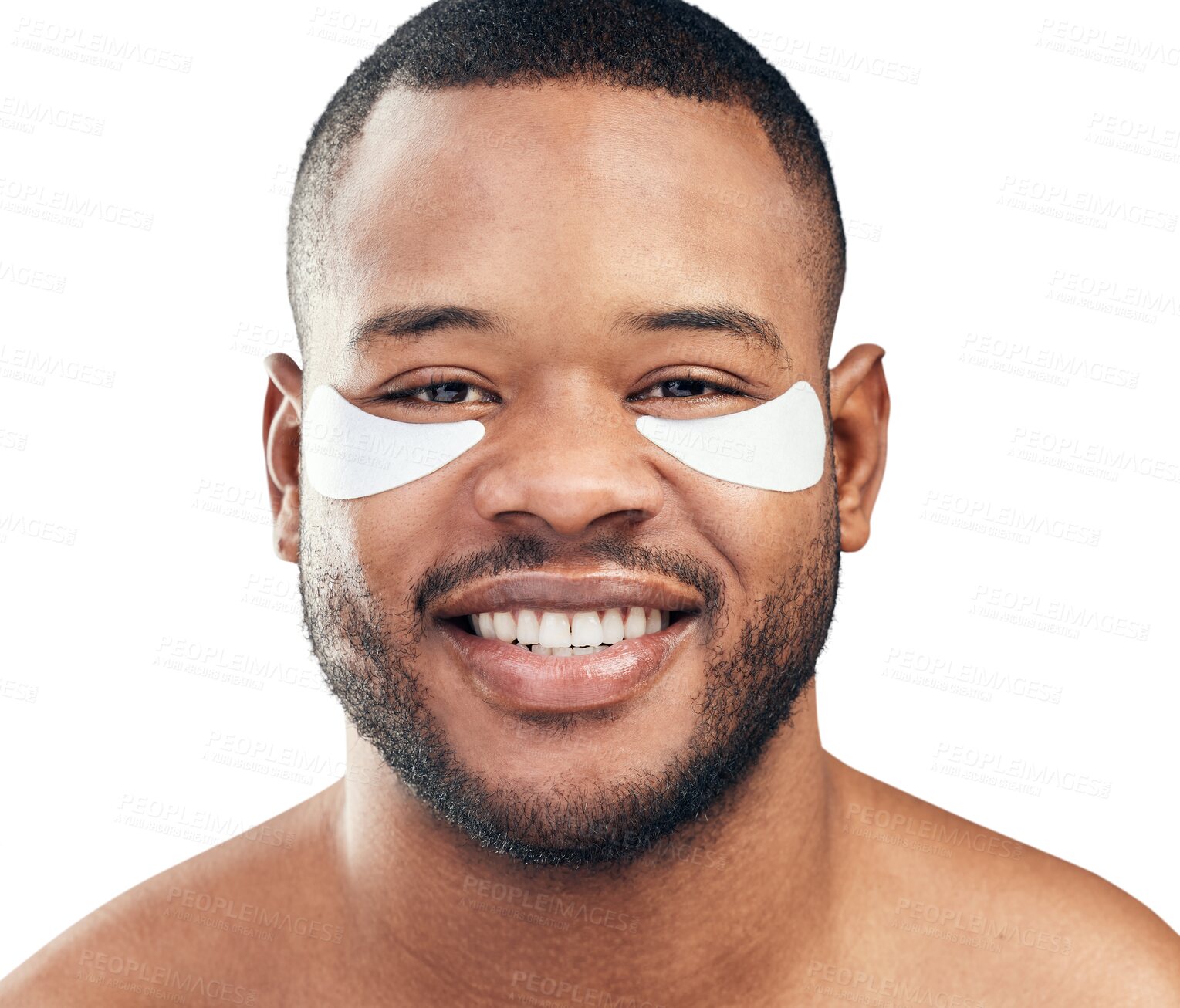 Buy stock photo Portrait, cosmetics and black man with skincare, eye beauty and dermatology isolated on transparent png background. Face, male person and patches for eyes, spa treatment and self care for aesthetic