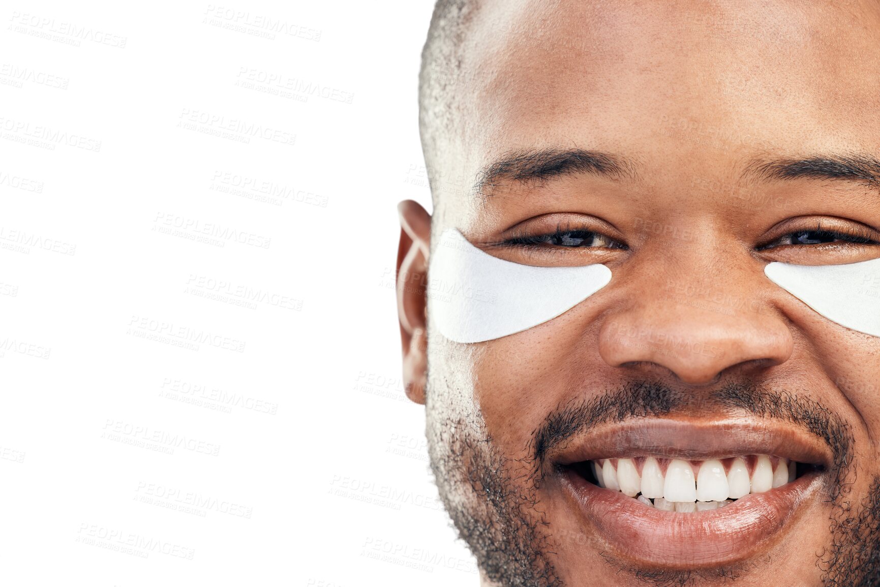 Buy stock photo Portrait, closeup and black man with eye patch,  dermatology and luxury isolated against a transparent background. Face, male person and model with png, skincare and self care with natural beauty