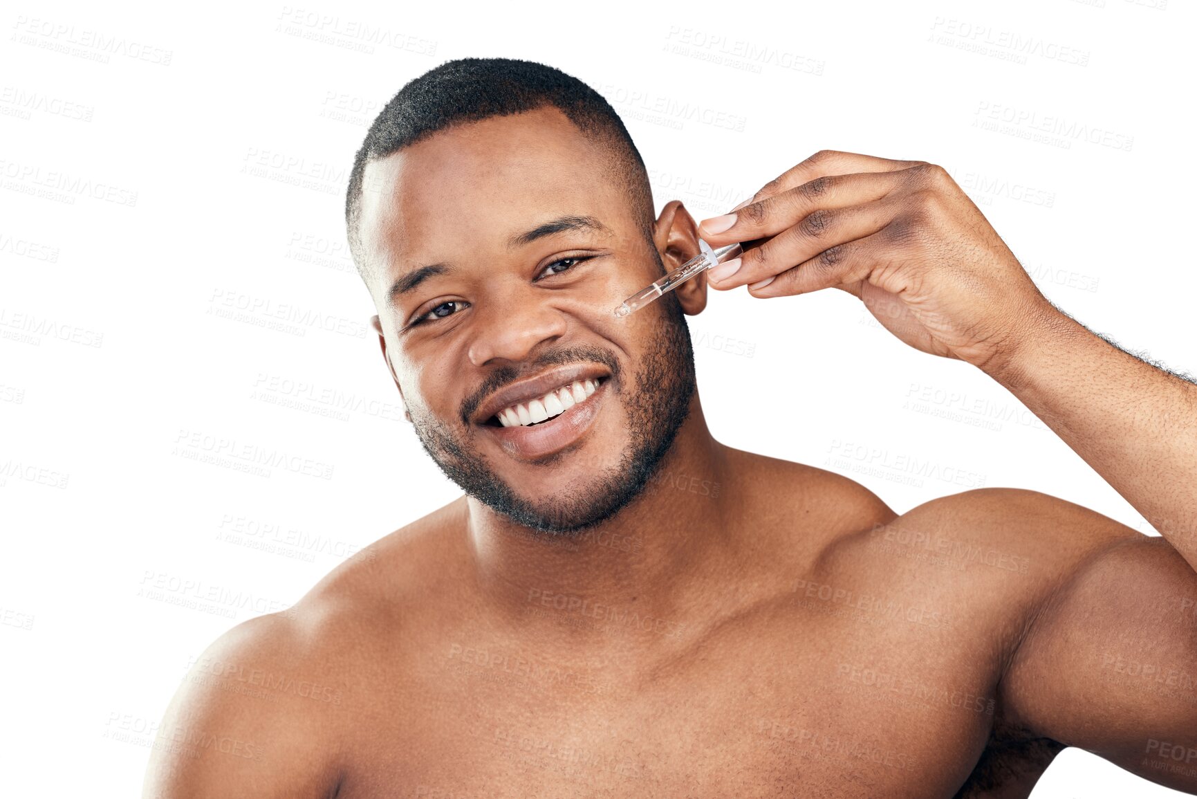 Buy stock photo Black man, face and liquid oil for beauty, skincare or cosmetic product isolated on transparent png background. Natural cosmetics, male model in portrait or pipette for hyaluronic acid or dermatology