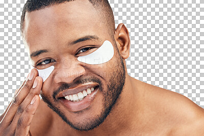 Buy stock photo Portrait, eye patches and black man with skincare, beauty and dermatology isolated against a transparent background. Face, male person and model with png, cosmetics and detox for eyes with mask