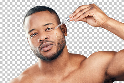 Buy stock photo Black man, portrait and beauty of face with oil cosmetic product for skincare isolated on transparent png background. Antiaging serum, pipette or male model with hyaluronic acid or facial dermatology