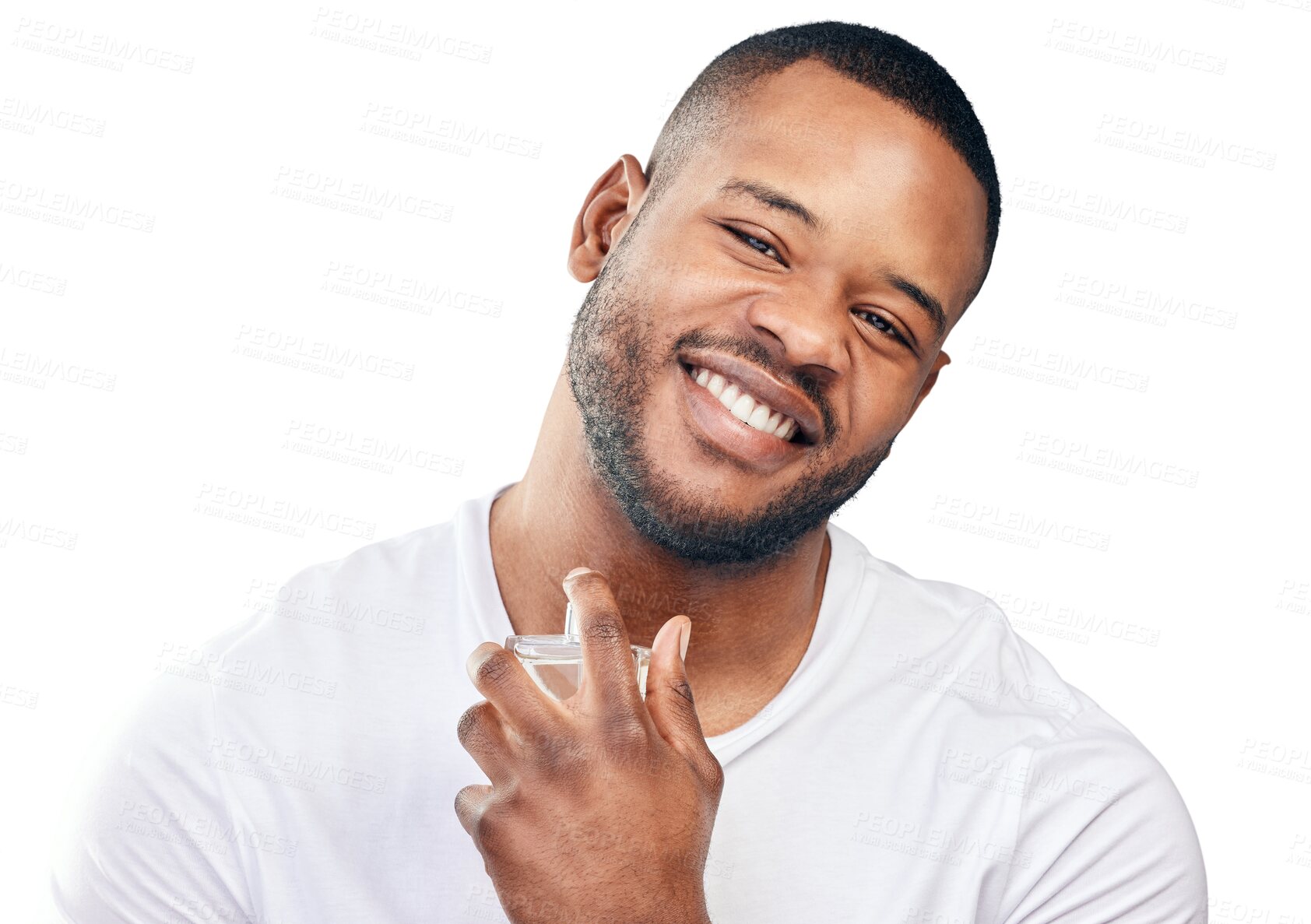 Buy stock photo Portrait, perfume and black man with spray isolated on a transparent png background. Face, smile and African model with fragrance, cologne or parfum cosmetics for wellness, grooming and fresh scent