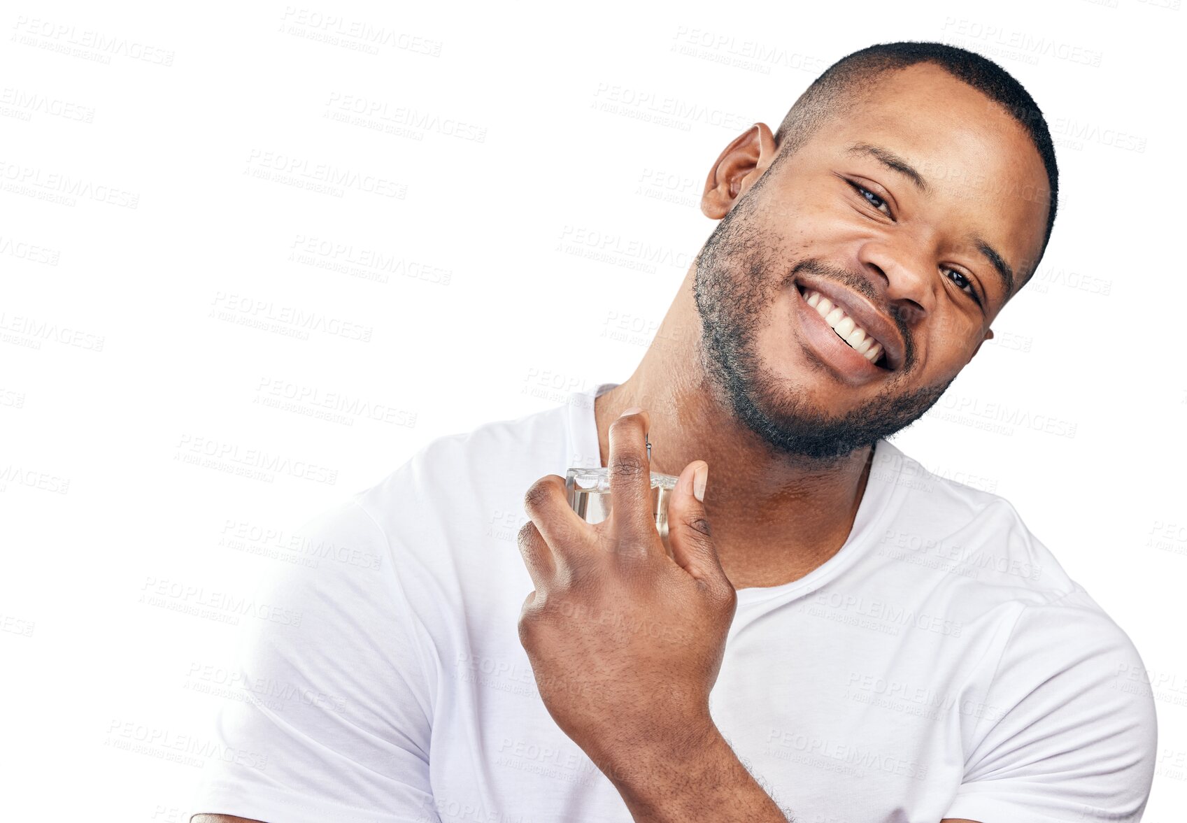 Buy stock photo Portrait, parfum and black man with spray isolated on a transparent png background. Face, smile and African model with perfume, cologne or fragrance cosmetics for wellness, grooming and fresh scent.