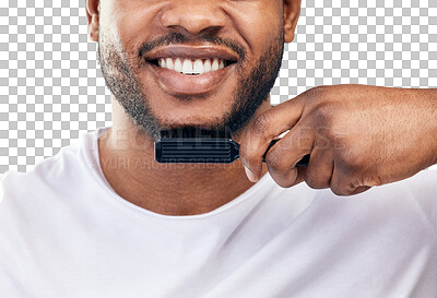 Buy stock photo Face, beard and black man with brush isolated on a transparent png background. Smile, closeup and happy model brushing for aesthetic, wellness and grooming, healthy hairstyle and facial hair care.