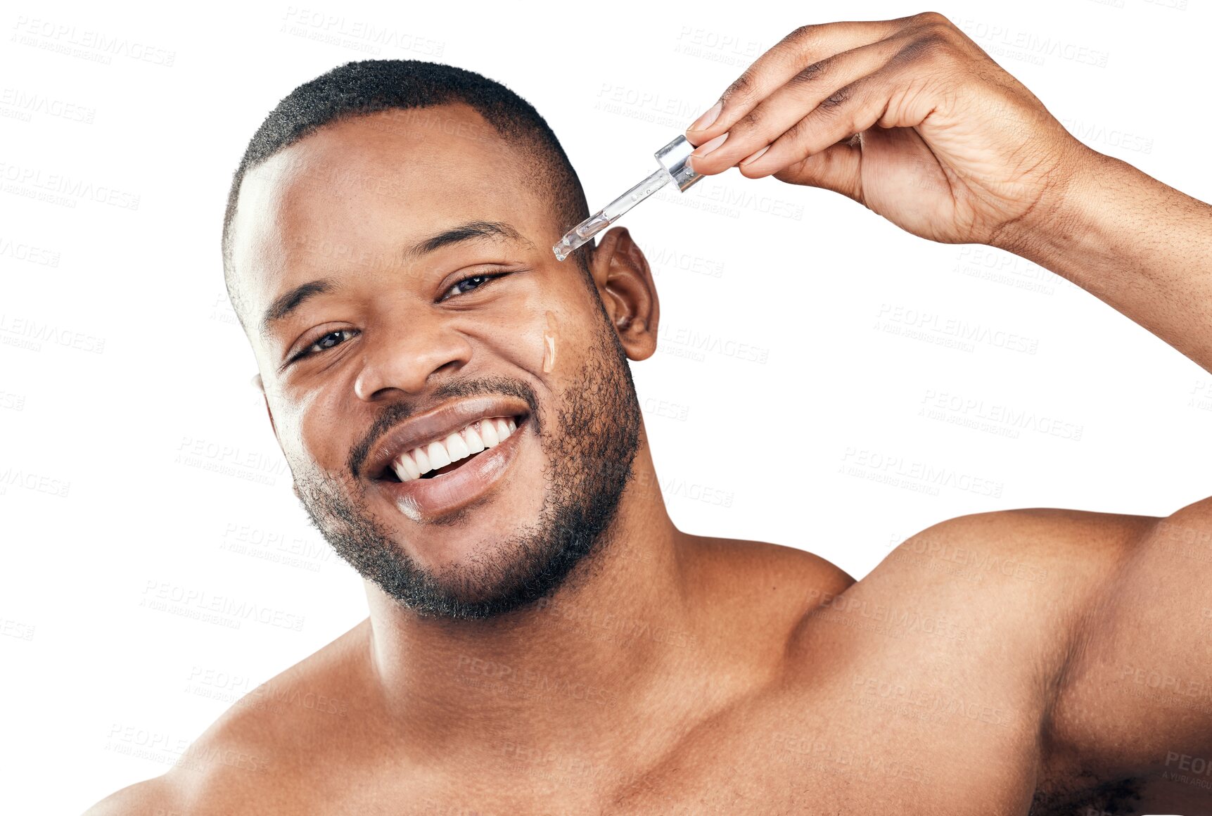 Buy stock photo Black man, happy in portrait and skincare, oil cosmetic product and vitamin c isolated on transparent png background. Serum, male model with pipette and hyaluronic acid, dermatology and smile