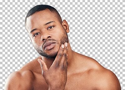 Buy stock photo Face, touch and serious black man isolated on a transparent png background. Portrait, confidence and African model touching beard for wellness, grooming or hair care, skincare and beauty aesthetic.