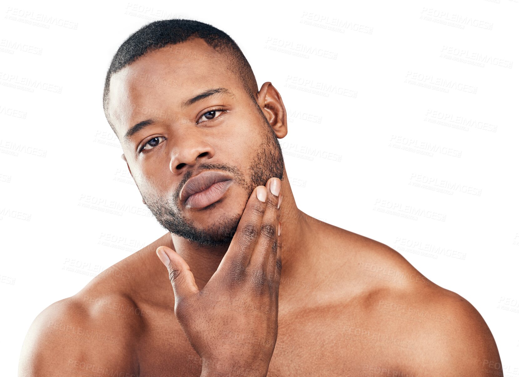 Buy stock photo Face, touch and serious black man isolated on a transparent png background. Portrait, confidence and African model touching beard for wellness, grooming or hair care, skincare and beauty aesthetic.