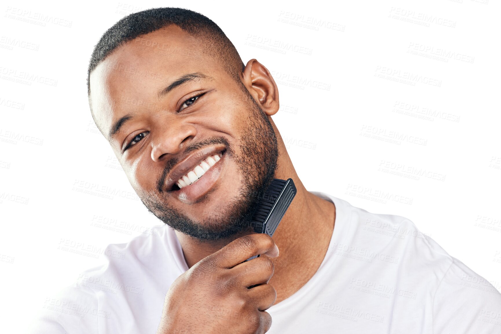 Buy stock photo Portrait, happy or black man brushing beard or grooming isolated on transparent png background. Natural clean face, facial hair care maintenance or handsome person smiling with self love or wellness