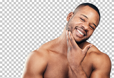 Buy stock photo Face, beard touch and black man for beauty isolated on a transparent png background. Portrait, happy and African model touching facial hair for wellness, grooming or skincare, aesthetic and cosmetics