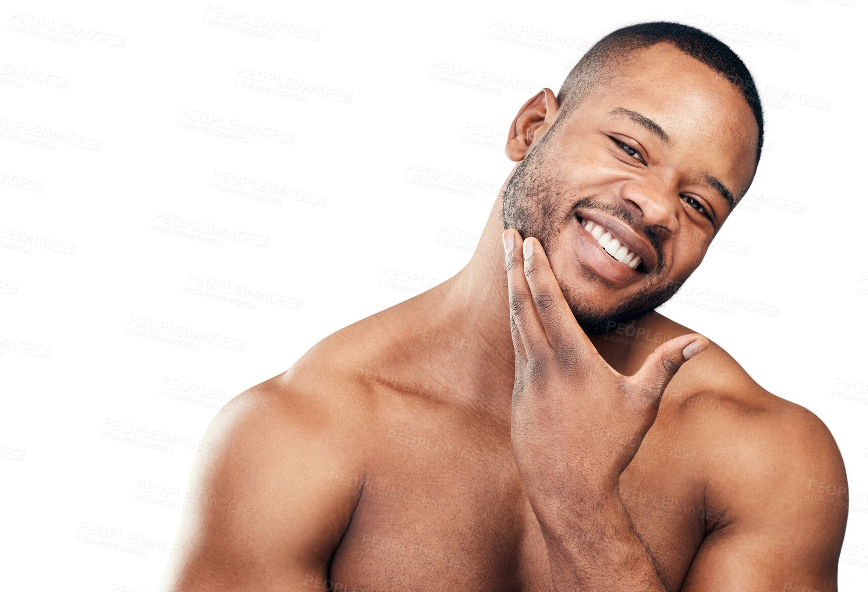 Buy stock photo Face, beard touch and black man for beauty isolated on a transparent png background. Portrait, happy and African model touching facial hair for wellness, grooming or skincare, aesthetic and cosmetics