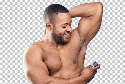 Buy stock photo Spray, armpit or black man with perfume for self care or beauty isolated on transparent png background. Fresh body cosmetics, product or happy person with natural deodorant for clean underarms odor
