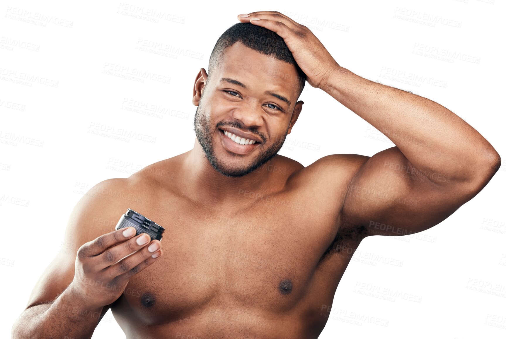 Buy stock photo Portrait, hair care or black man with cream for beauty grooming isolated on transparent png background. Natural growth cosmetics, healthy scalp or happy African person with hairstyle or self love 