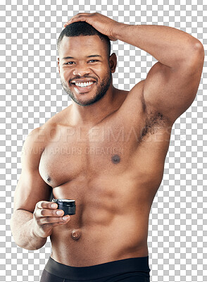 Buy stock photo Portrait, hair wax or happy black man with cream for beauty grooming isolated on transparent png background. Natural growth cosmetics, healthy scalp or African person with haircare or self love 