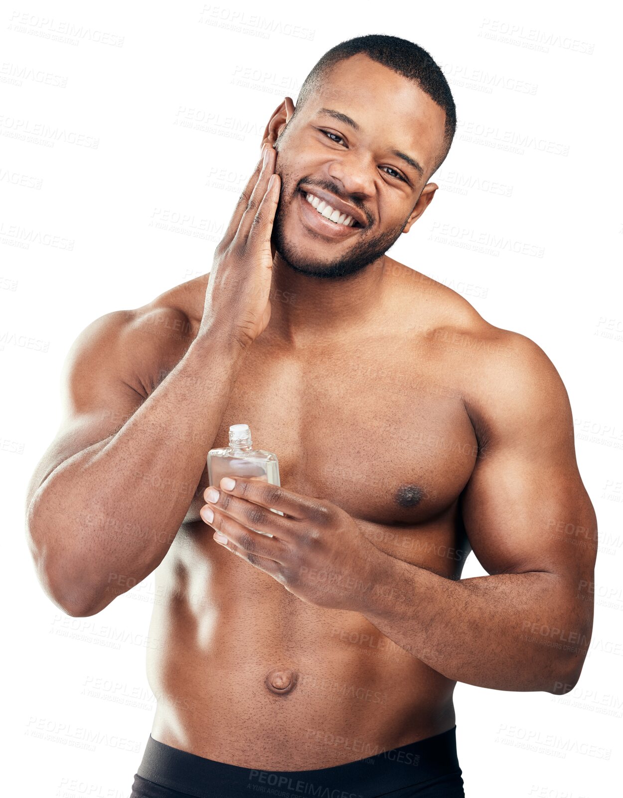 Buy stock photo Portrait, beard or happy black man with aftershave for beauty isolated on transparent png background. Natural growth cosmetics, healthy skincare or African person smiling with hair care or self love 