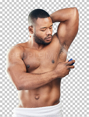 Buy stock photo Spray, deodorant or black man with cosmetics, grooming routine or guy isolated on a transparent background. Male person, perfume or fragrance for fresh scent, self care or wellness with png or beauty